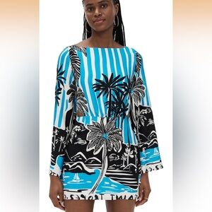 Seven Wonders NWT Tropical Blue & Black Striped Dress farm rio vibe vacation